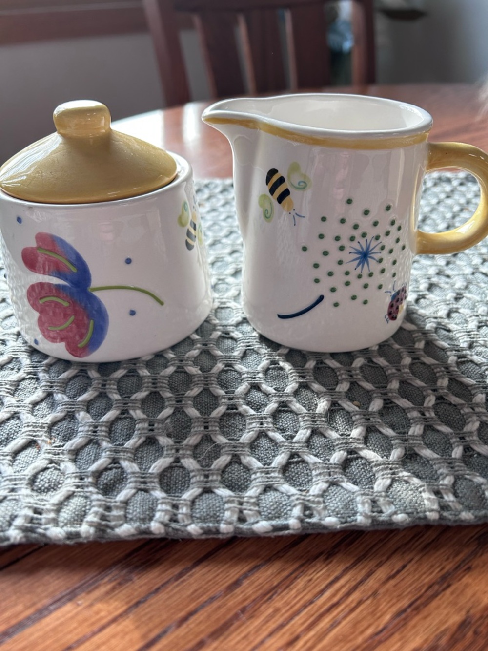 Hand-Painted Ceramic Creamer and Sugar Set with Bees and Flowers